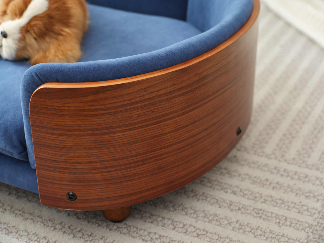 Scandinavian Style Elevated Dog Bed Pet Sofa Velvet Dark Blue Small Size