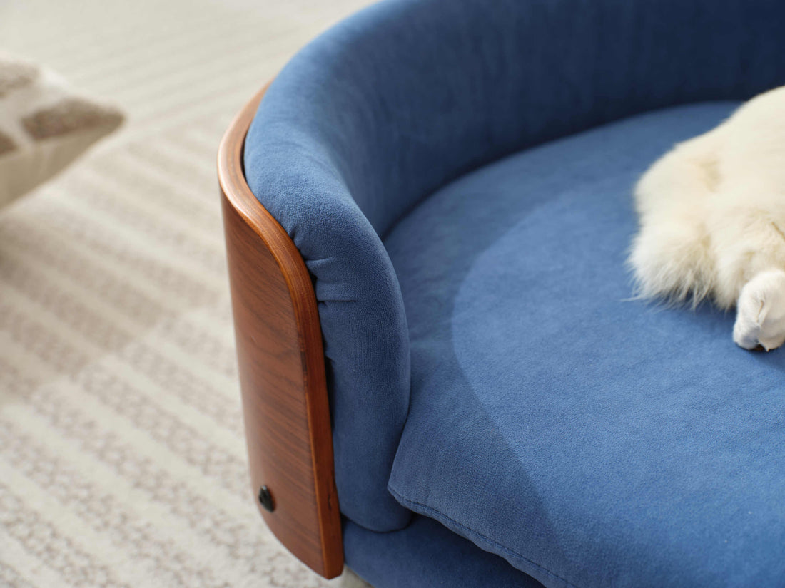 Scandinavian Style Elevated Dog Bed Pet Sofa Velvet Dark Blue Small Size