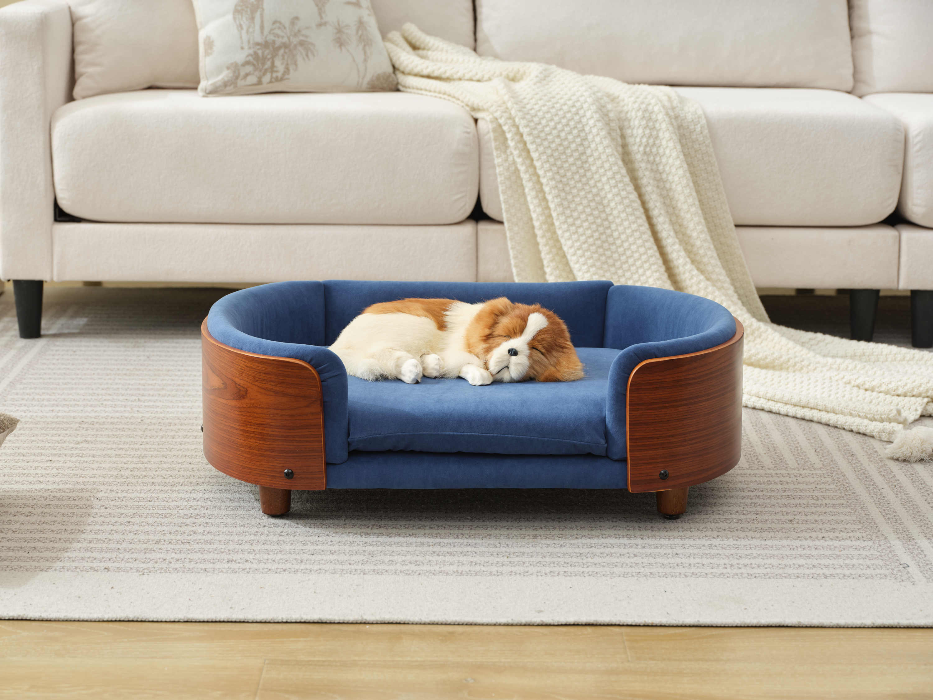 Scandinavian Style Elevated Dog Bed Pet Sofa Velvet Dark Blue Small Size