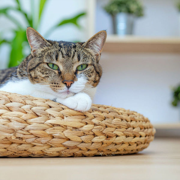 Cat lying on a woven cat bed with a blurred indoor background